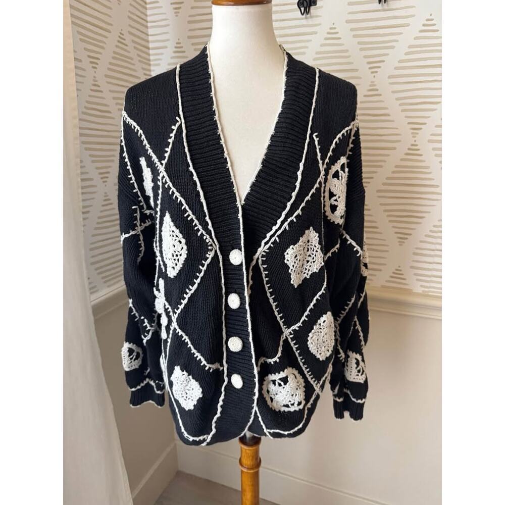 Cullinane Women’s Large Black & Cream Knit Cardigan Sweater